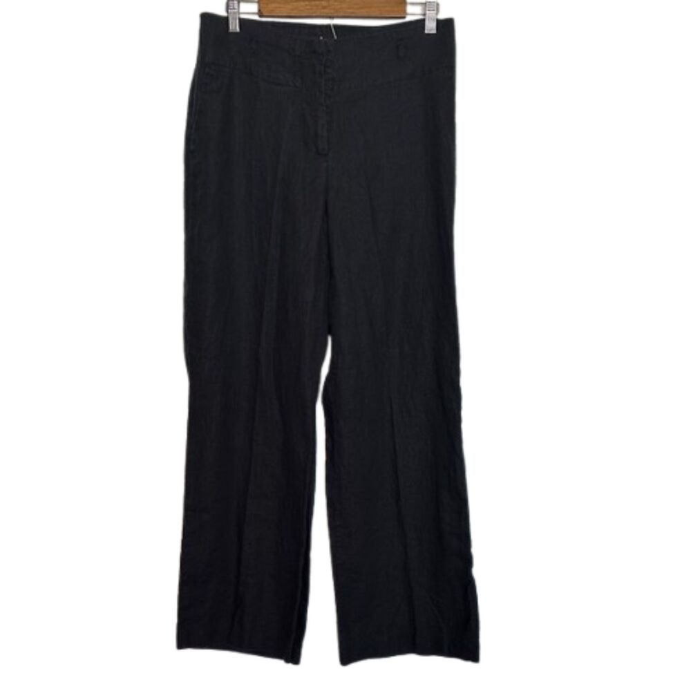H&M 100% Linen Wide Leg Pants Womens 12 Career Business Breathable Trouser Black
